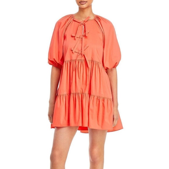 New Cinq a Sept Lynn Tiered Puff Sleeve Mini Dress in Neon Coral Orange | Size 4 - Picture 3 of 12